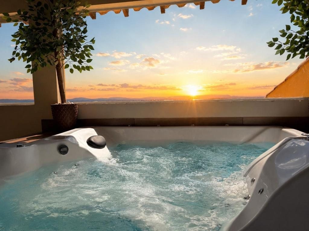 Hidromassagem coberta do andar superior ao pôr do sol, com a serra ao fundo